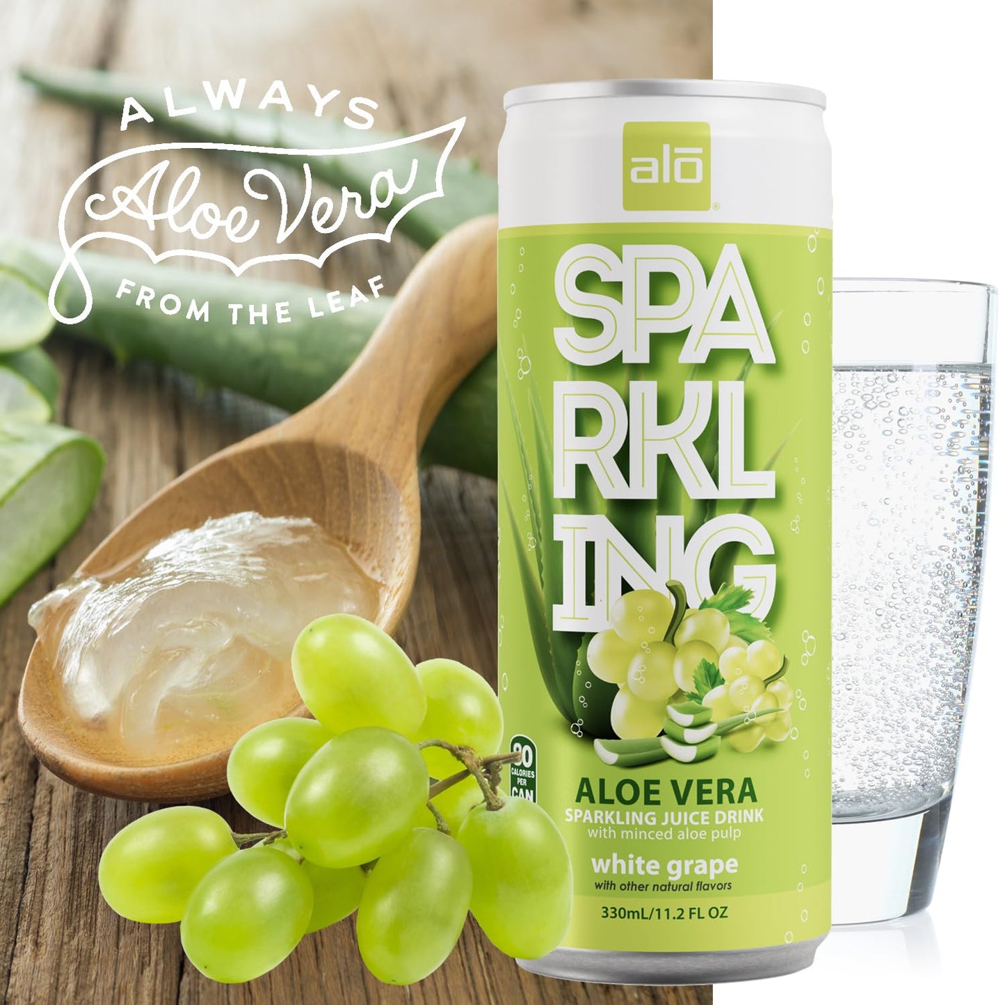 ALO Sparkling White Grape Carbonated Aloe Vera Juice Drink | 11.2 fl oz, Pack of 12 | Plant-Based Beverage, Vegan