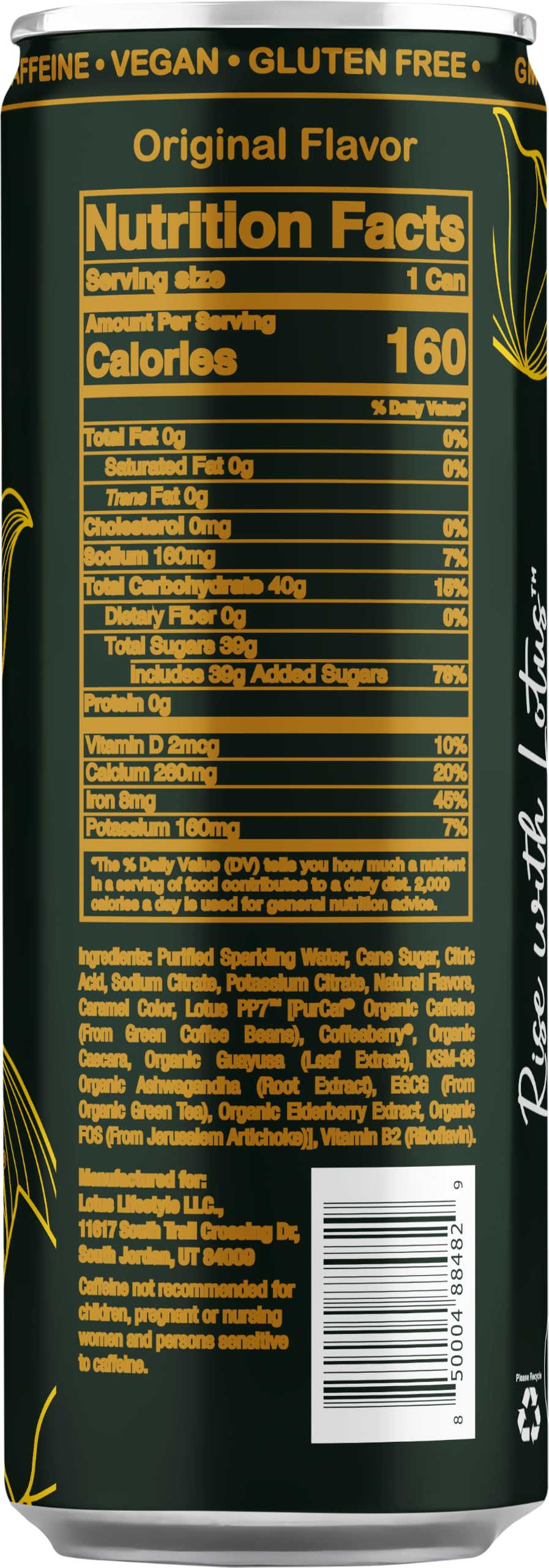 Gold Lotus Plant Power® 160 mg, Pure Cane Sugar, 12 Count 12 oz Cans