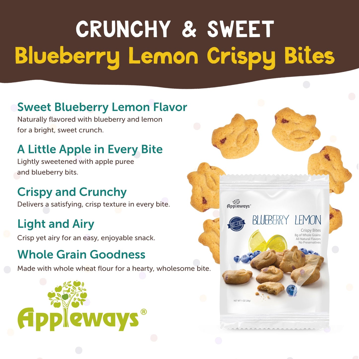 Appleways Whole Grain Blueberry Lemon Crispy Bites, 1 oz, 20 Count - Individually Wrapped Snacks, No Preservatives, Lunchbox Friendly, Nut-Free