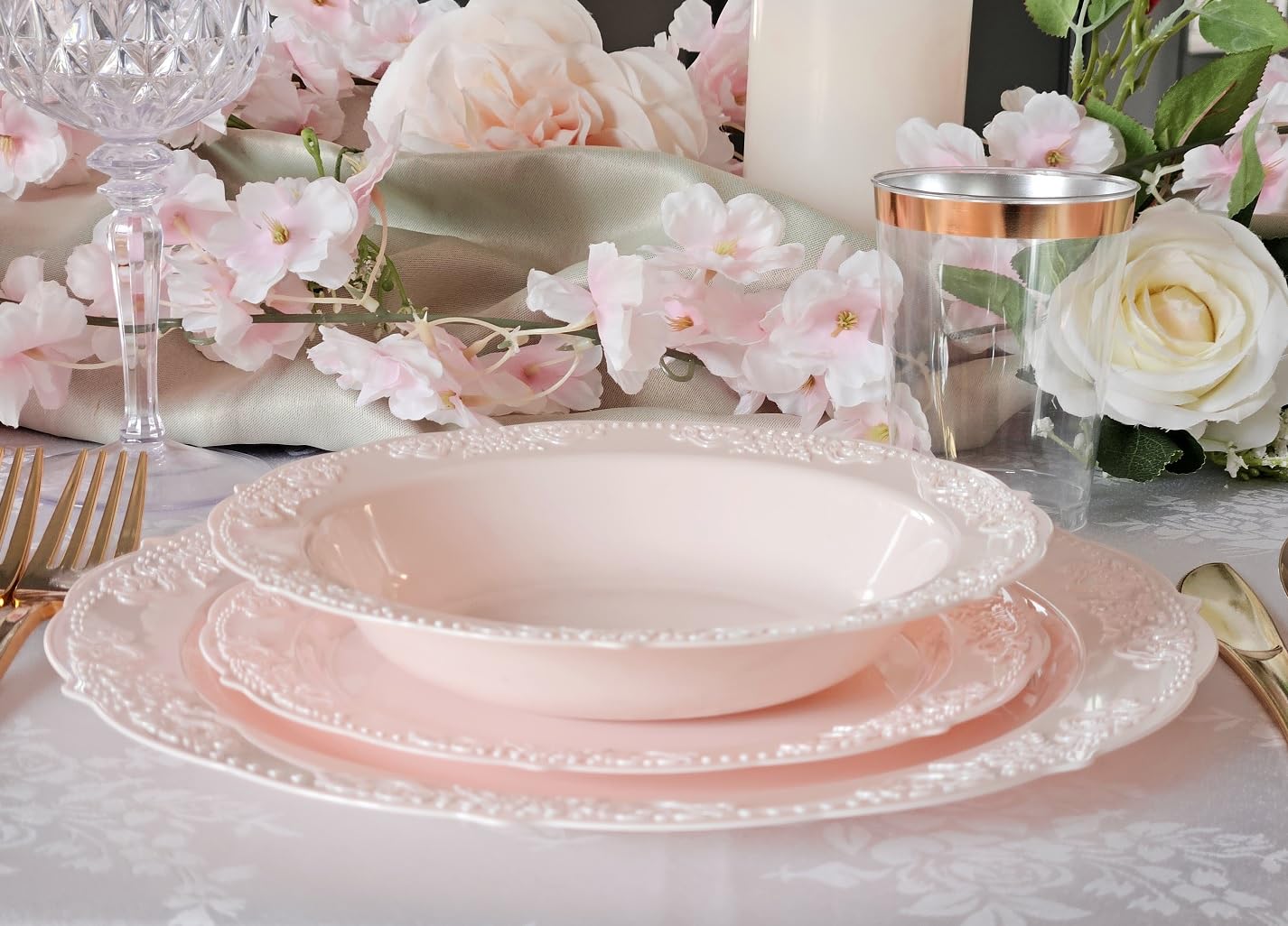 " OCCASIONS " 60 Piece Plates Pack, Vintage Party, Disposable Wedding Party Plastic Bowls (10oz Soup Bowl, Portofino in Light Pink)