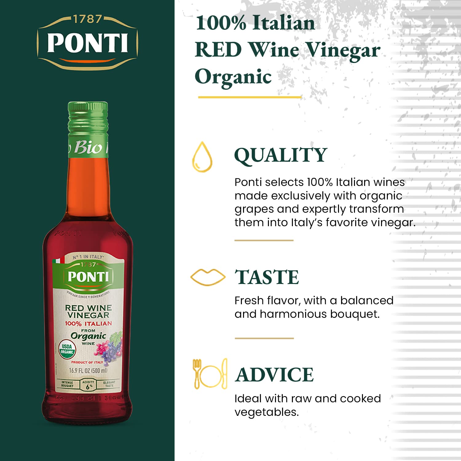 Ponti 100% Italian Red Wine Vinegar for Cooking - Organic Red Wine Vinegar with Balanced Acidity & Harmonious Bouquets - Ideal for Salads, Seafood and Dark Meats - USDA Certified, 16.9 fl oz