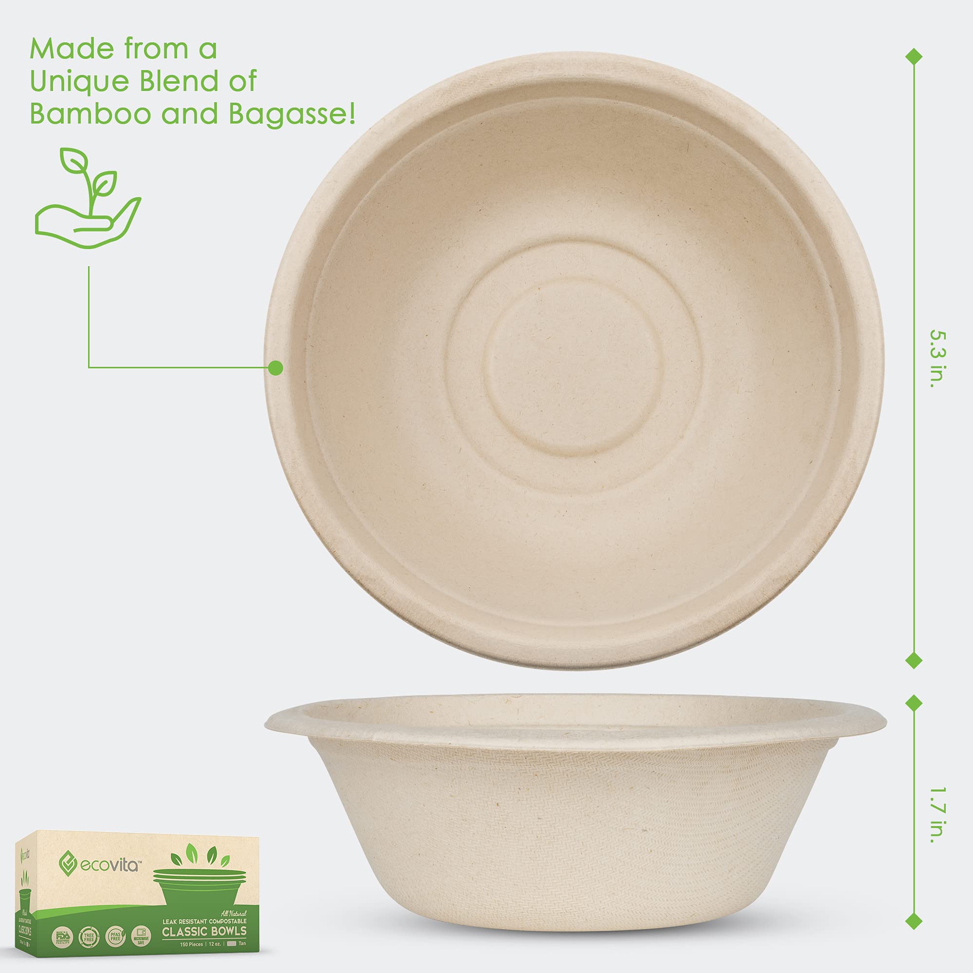 Ecovita 100% Compostable Paper Bowls [12 oz.] - 150 Disposable Bowls Eco Friendly Sturdy Tree Free Liquid and Heat Resistant Alternative to Plastic or