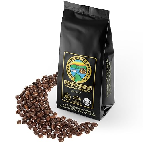 8oz 100% Kona Coffee Whole Beans by Kona Gold Rum Co. - Extra Fancy Freshly Roasted Medium/Dark Roast, Peach Notes with Cream Tones - Kona Coffee