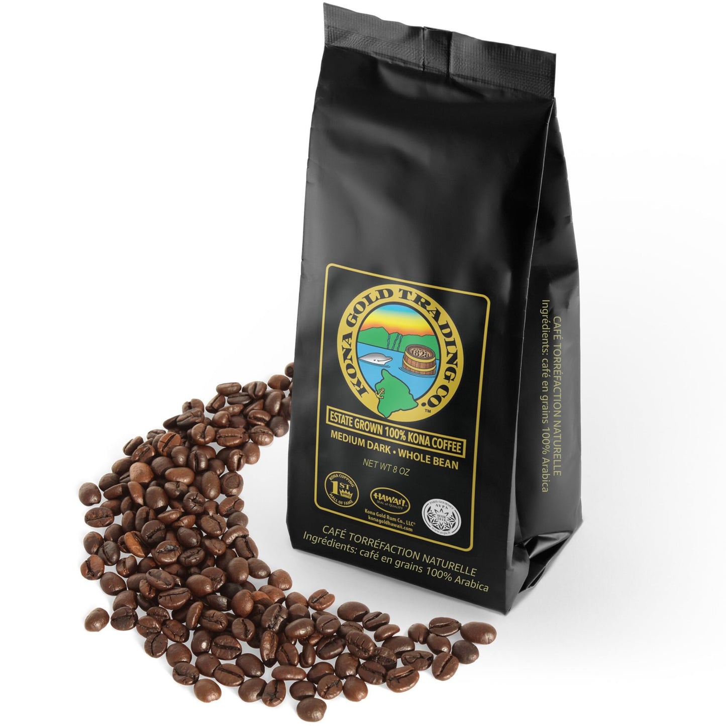 8oz 100% Kona Coffee Whole Beans by Kona Gold Rum Co. - Extra Fancy Freshly Roasted Medium/Dark Roast, Peach Notes with Cream Tones - Kona Coffee