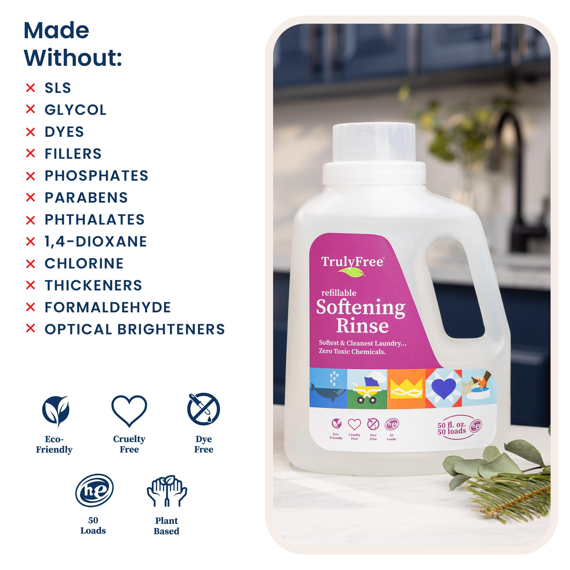 Truly Free Natural Fabric Softener | Non-Toxic for Babies & Kids Sensitive Skin | Plant-Based Laundry Softening Conditioner | Safe, Gentle