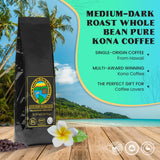 Hawaiian Kona Coffee Whole Bean - 16 oz, Kona Gold Coffee by Kona Gold Rum Co. - Freshly Roasted Medium/Dark Roast Extra Fancy - 100% Kona Coffee |