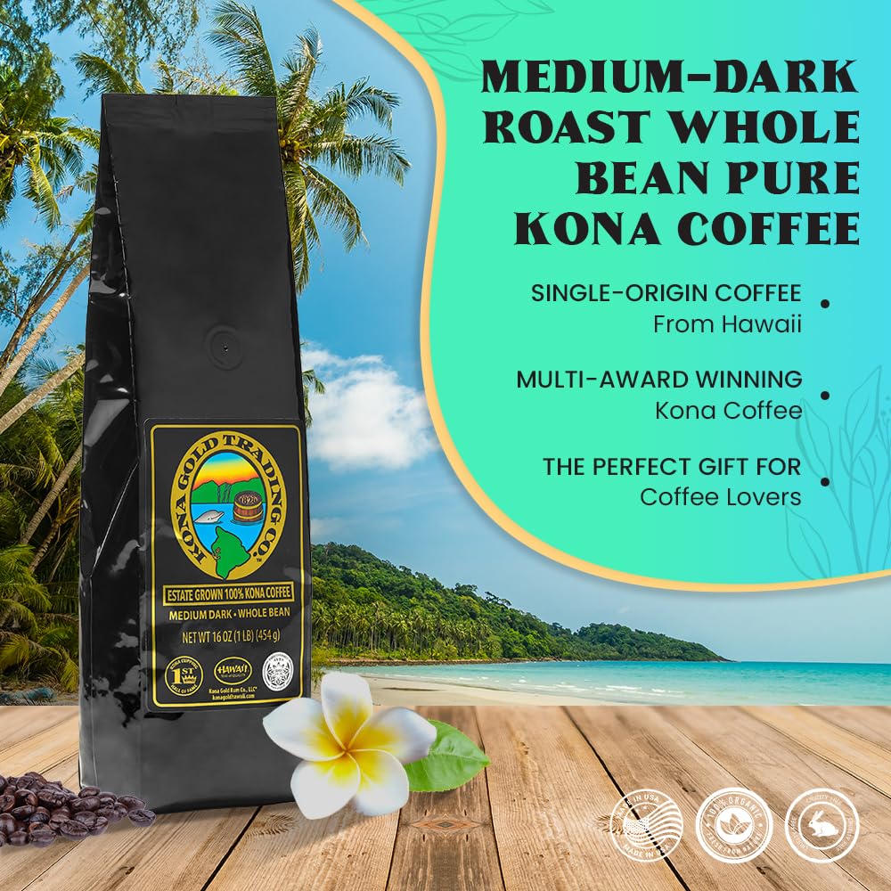 Hawaiian Kona Coffee Whole Bean - 16 oz, Kona Gold Coffee by Kona Gold Rum Co. - Freshly Roasted Medium/Dark Roast Extra Fancy - 100% Kona Coffee |