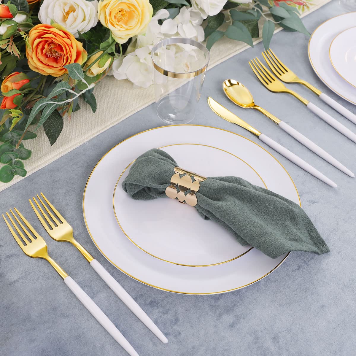 LIYH 180 Pcs White and Gold Plastic Plates Disposable - Dinnerware Set, Gold Plastic Silverware, Disposable Heavyduty Plates for Parties, Birthdays
