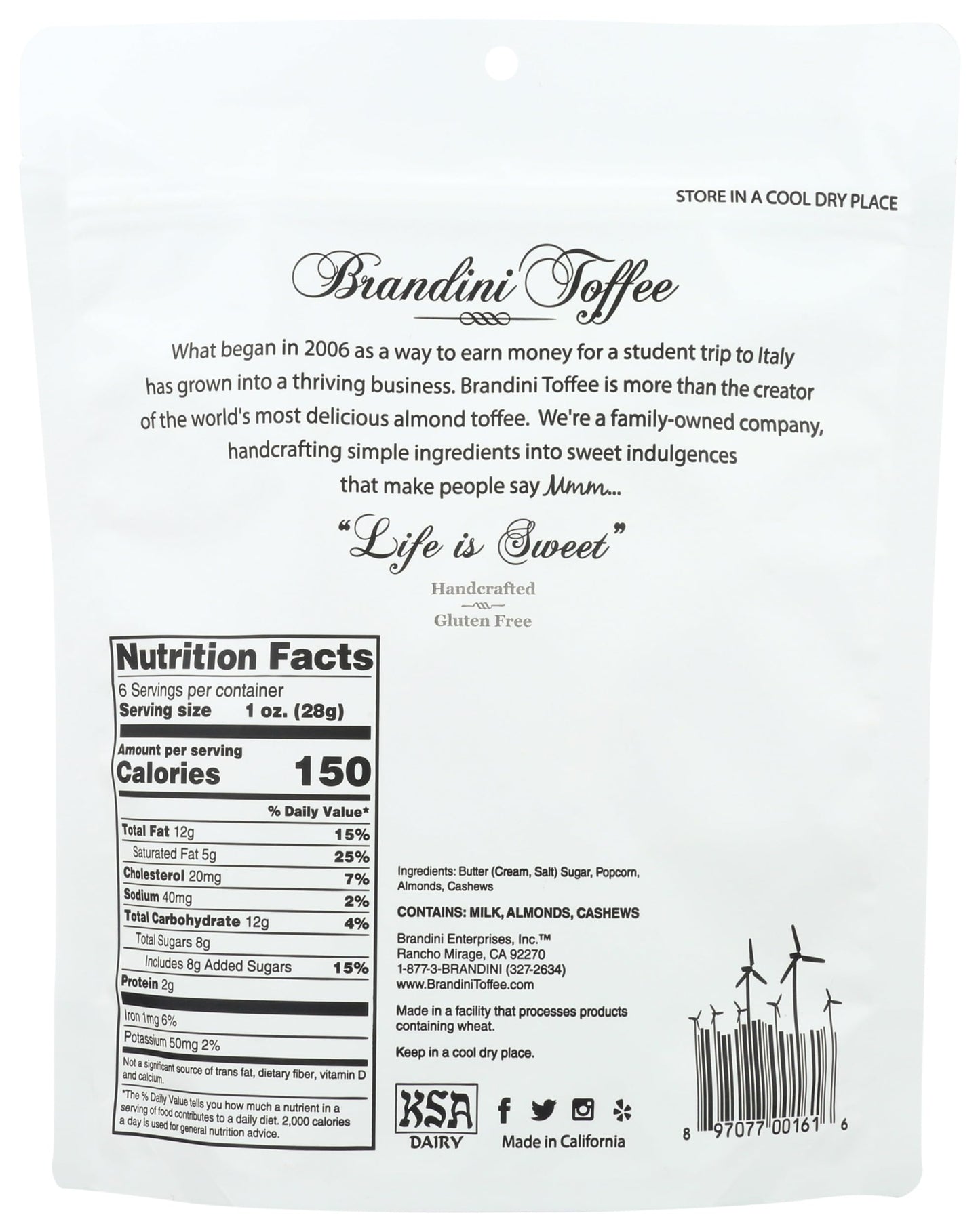 Brandini Toffee, Toffee Popcorn Cashew Almond, 6 Ounce