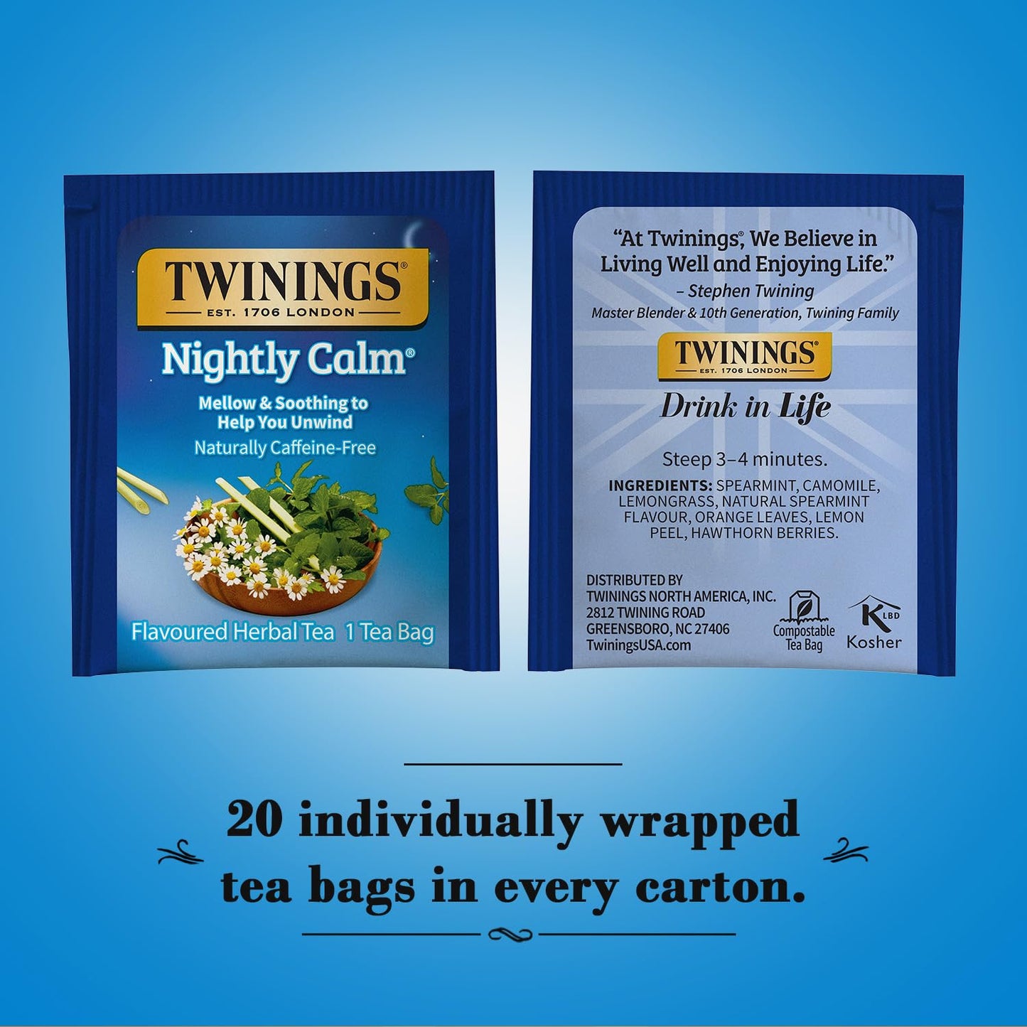 Twinings Nightly Calm Naturally Caffeine-Free Herbal Tea Bags 20 Each (Pack of 2)