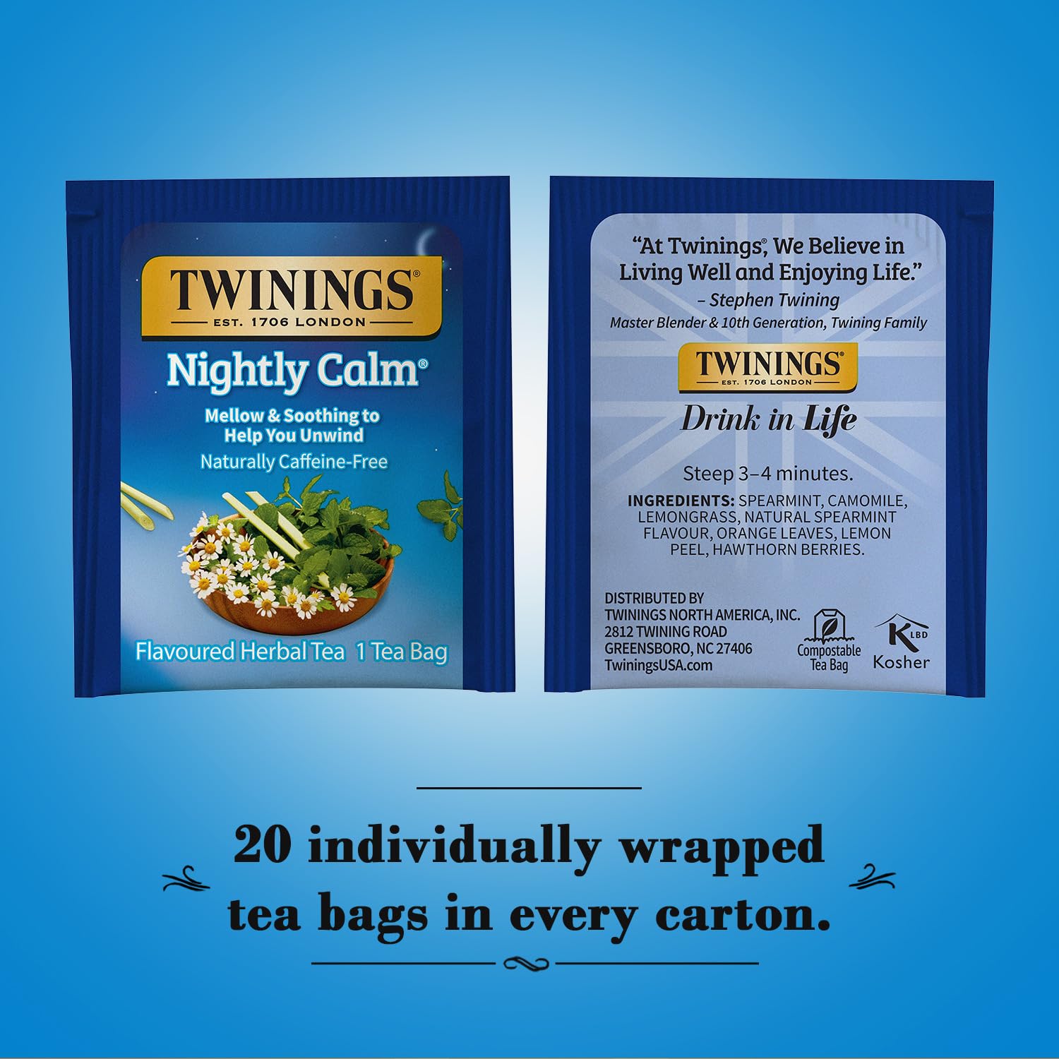 Twinings Nightly Calm Naturally Caffeine-Free Herbal Tea Bags 20 Each (Pack of 2)