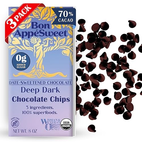 Bon Appesweet Date Sweetened Chocolate Chips - Deep Dark | 8 Ounce (Pack of 3) | Organic, Zero Added Sugar, 70% Cacao, Plant Based, Dairy Free, and Guilt Free!