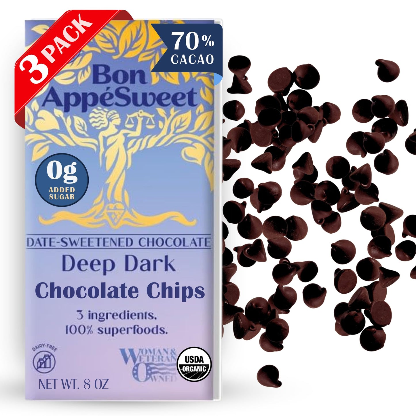 Bon Appesweet Date Sweetened Chocolate Chips - Deep Dark | 8 Ounce (Pack of 3) | Organic, Zero Added Sugar, 70% Cacao, Plant Based, Dairy Free, and Guilt Free!