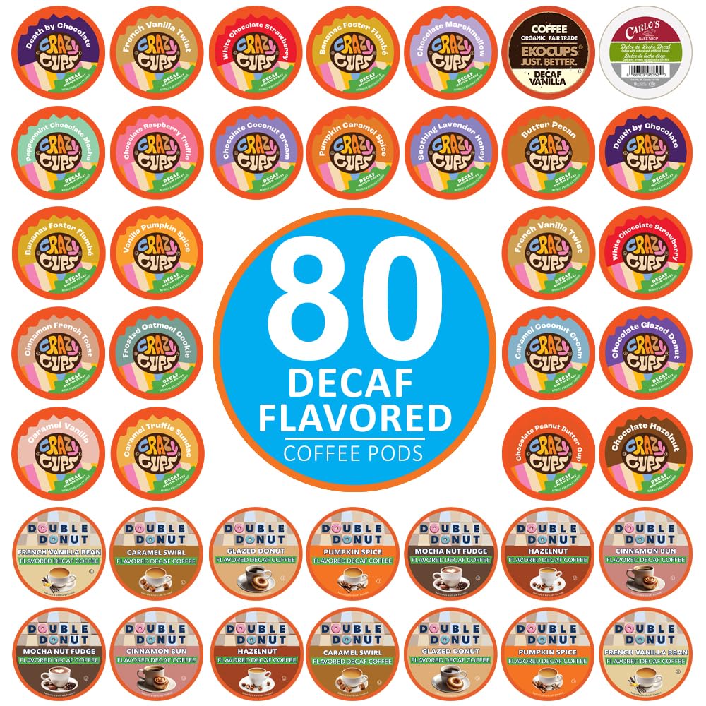 Crazy Cups Flavored Decaf Coffee Pods Variety Pack Compatible with Keurig K Cups Brewers, 80 Count, Assorted Decaffeinated Flavored Coffee Sampler