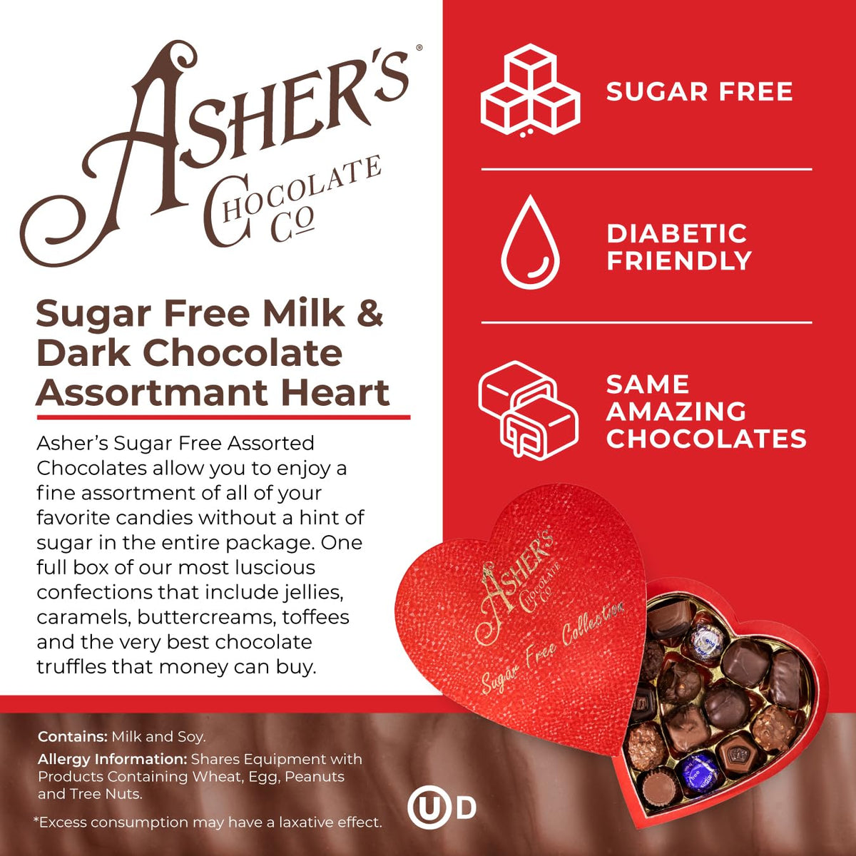 Asher's Chocolates, Sugar Free Chocolate Heart Shaped Assortment, Diabetic Friendly Chocolate, Small Batches of Kosher Chocolate, Giftable Design