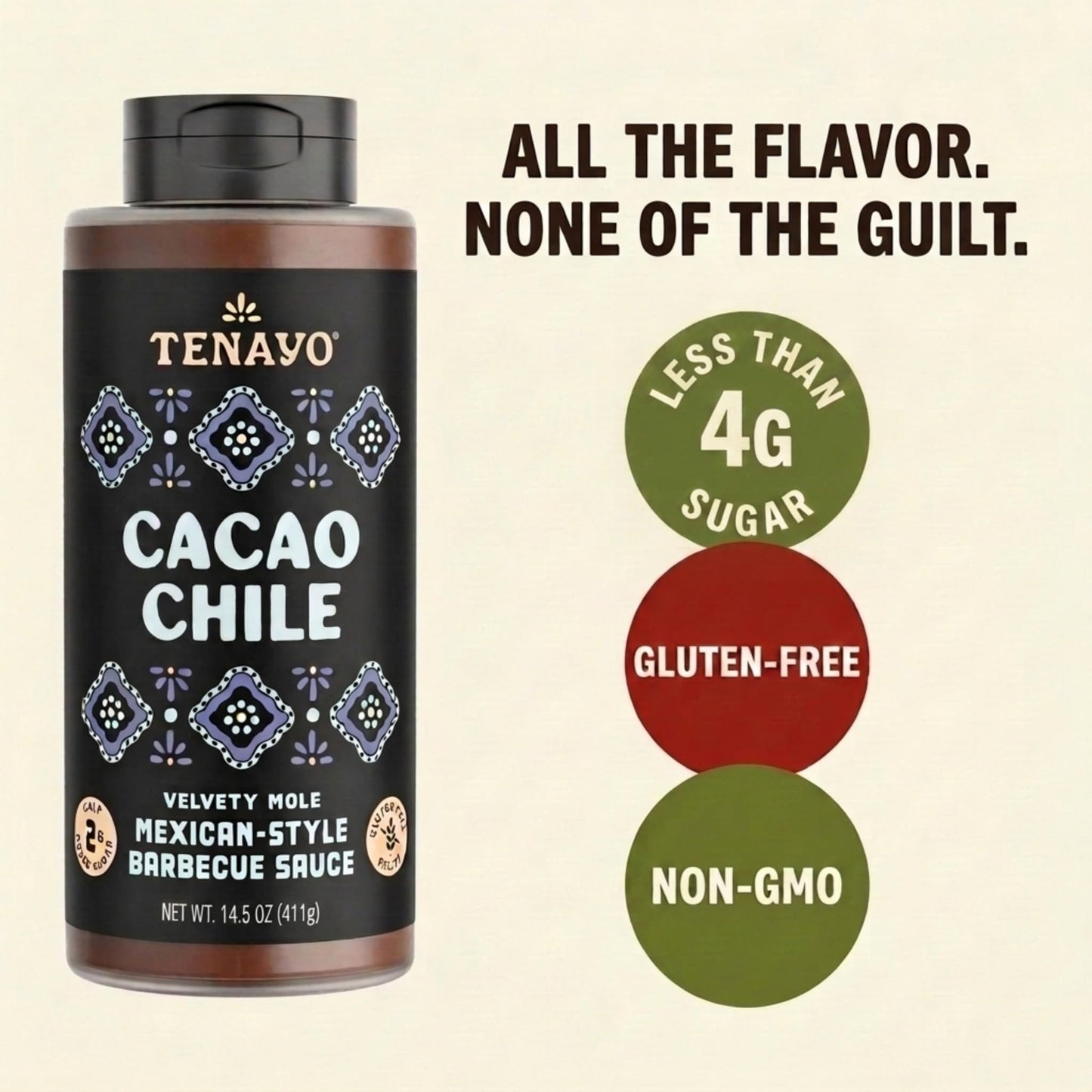 Tenayo Cacao Chile Barbecue Sauce, 2-Pack (13.5 oz Bottles) - Mexican Style Sauce with Chocolate, Chiles & Spices - Only 4g of Sugar, Gluten Free
