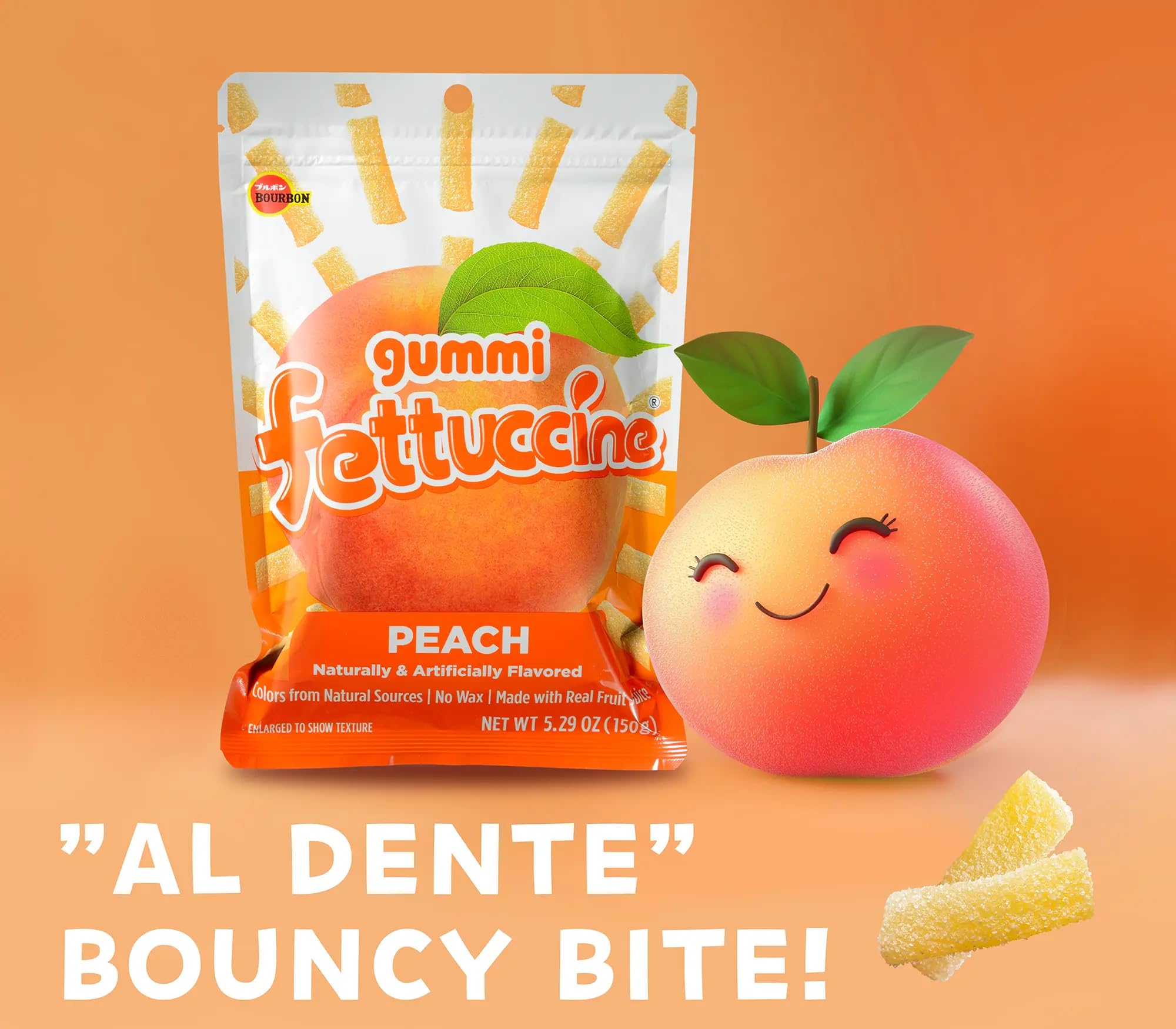 Bourbon Fettuccine Gummi Peach 6 -Pack - Japanese Tangy & Chewy Gummy Strips with Real Fruit Juice Share Size (5.29 OZ)