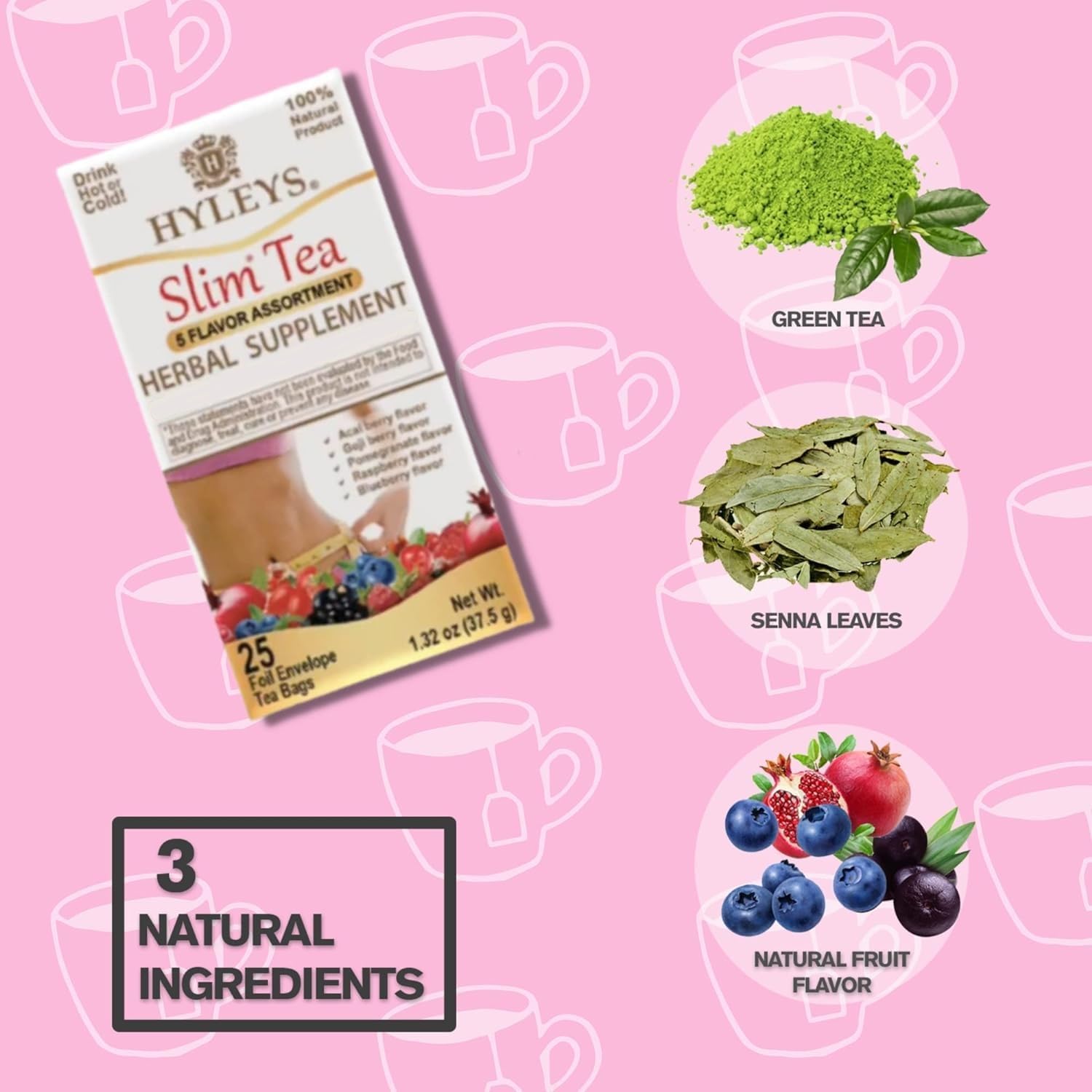Hyleys Slim Tea Variety Pack - 6 Flavors Including 5 Flavor Assortment, Pomegranate, Mango, Goji Berry, Acai Berry, and Pineapple - 150 Tea Bags