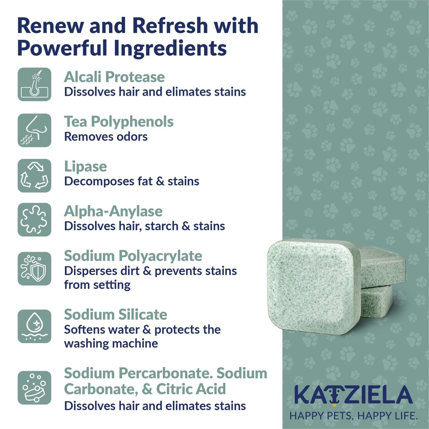 Katziela Washing Machine Cleaner Tablets - 6 Pack (3-Month Supply) - Loosens Pet Hair & Eliminates Odors - Fragrance-Free Enzyme Formula - Safe