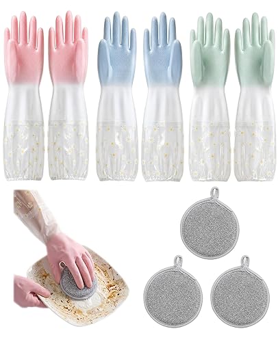 Geyynow 3PCS Dishwashing Cleaning Gloves + 3PCS Wire Dish Rags Set - Long Cuff Reusable Rubber Gloves & Non-Scratch for Kitchen, Cleaning, Gardening