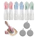 Geyynow 3PCS Dishwashing Cleaning Gloves + 3PCS Wire Dish Rags Set - Long Cuff Reusable Rubber Gloves & Non-Scratch for Kitchen, Cleaning, Gardening