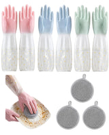 Geyynow 3PCS Dishwashing Cleaning Gloves + 3PCS Wire Dish Rags Set - Long Cuff Reusable Rubber Gloves & Non-Scratch for Kitchen, Cleaning, Gardening