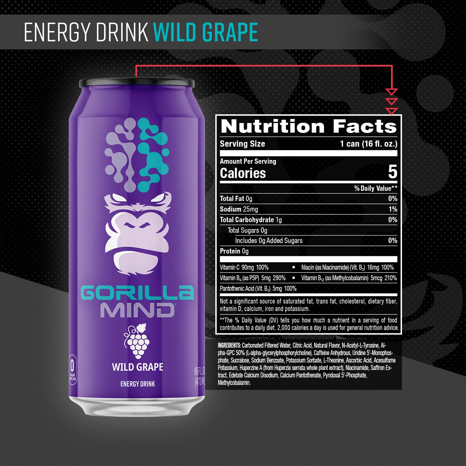 Gorilla Mind Energy Drink | Unmatched Energy · Amplified Focus | N-Acetyl-L-Tyrosine, Alpha-GPC, 200mg Caffeine, Uridine, Saffron | 0 Sugar Or