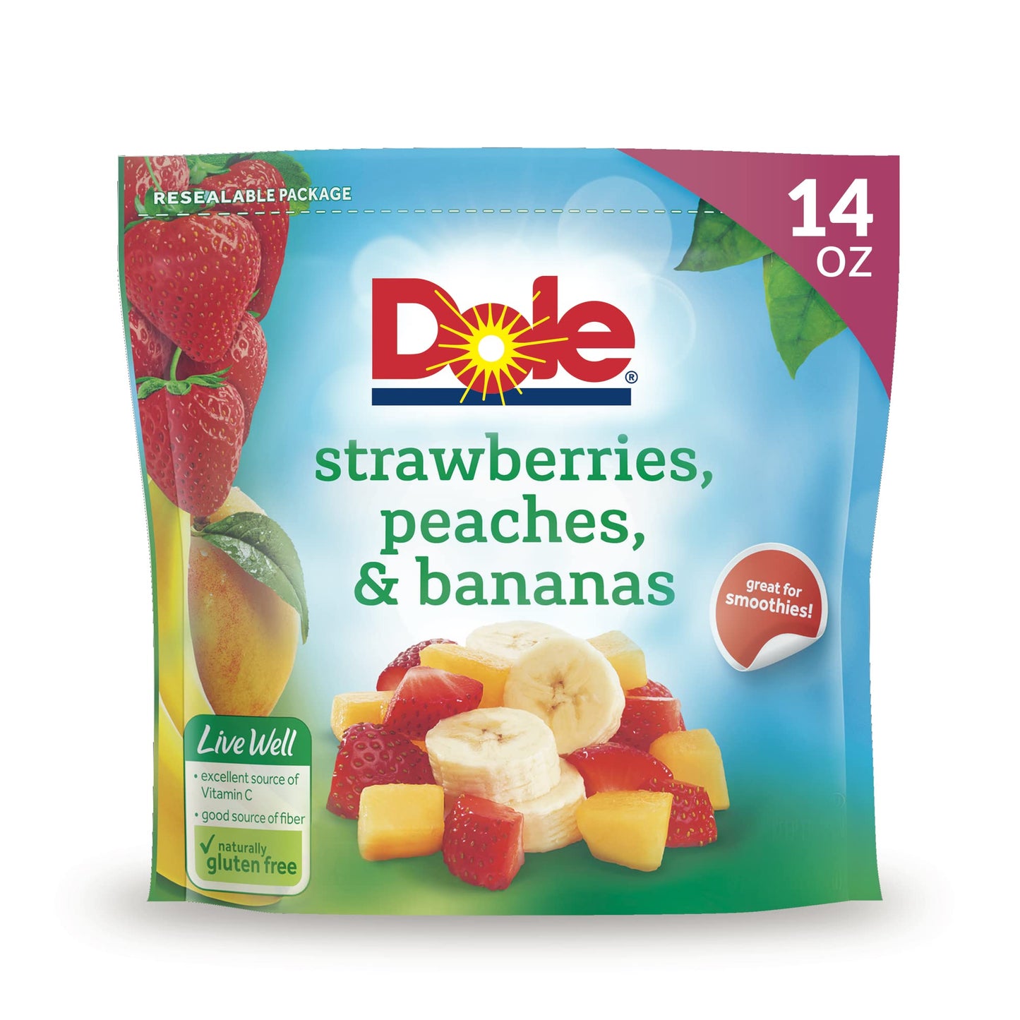 Dole Strawberries, Peaches and Bananas Frozen Fruit, All Natural Mixed Fruit for Smoothies, Snacks and Recipes, 14 Oz Resealable Bag (Frozen)