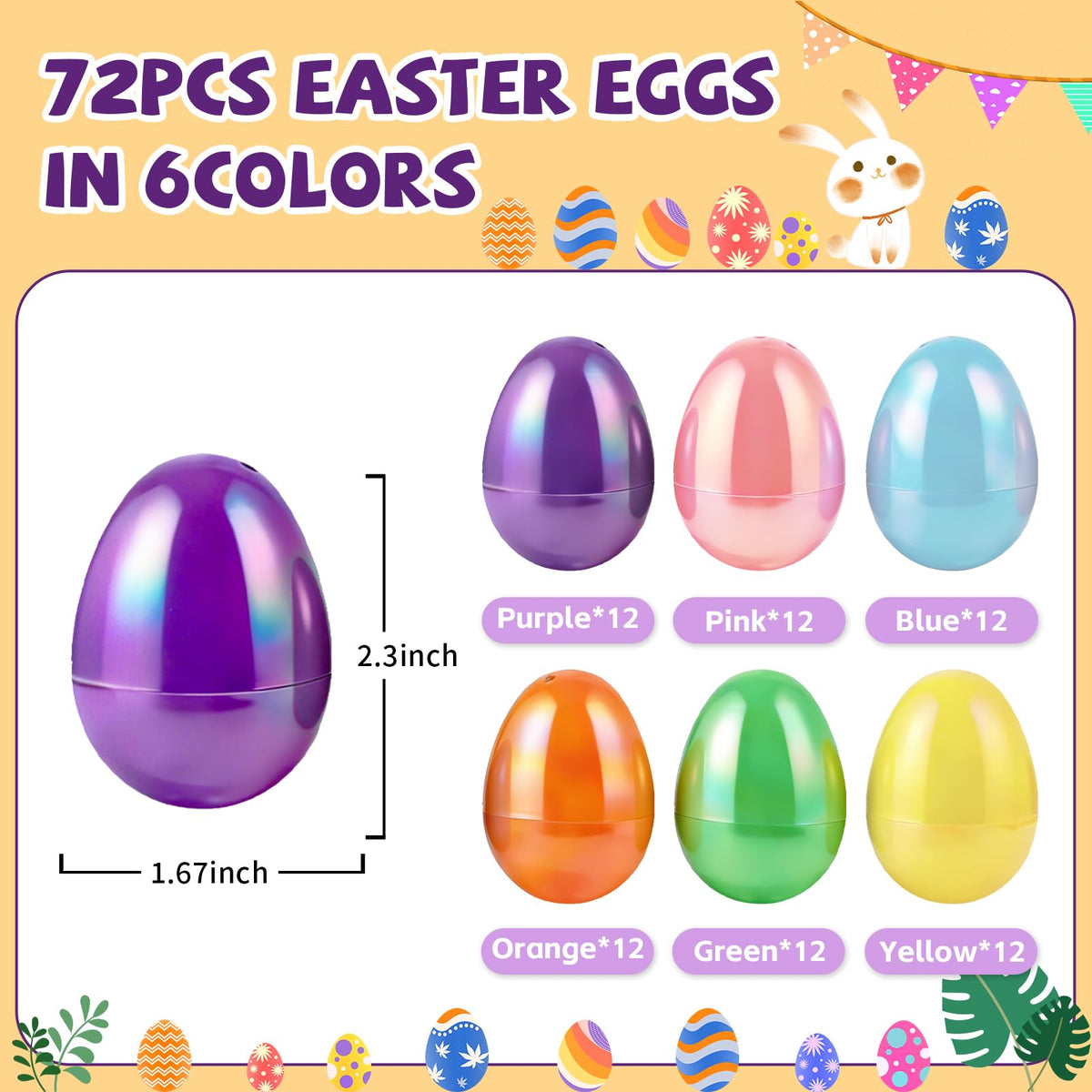 MGparty 36 Pcs 2.3" Fillable Easter Eggs Bulk, Iridescent Plastic Easter Eggs Empty for Easter Egg Hunt, Basket Stuffers, Party Favors, Classroom