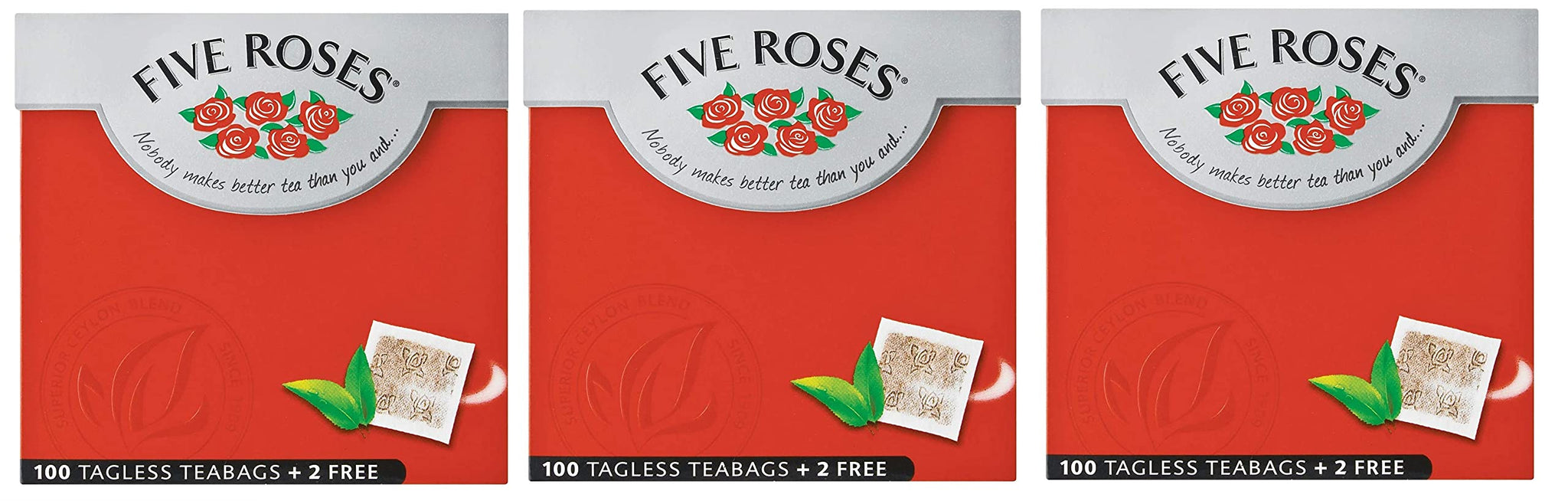 Five Roses Ceylon - 100 Tagless Teabags, (Pack of 3)