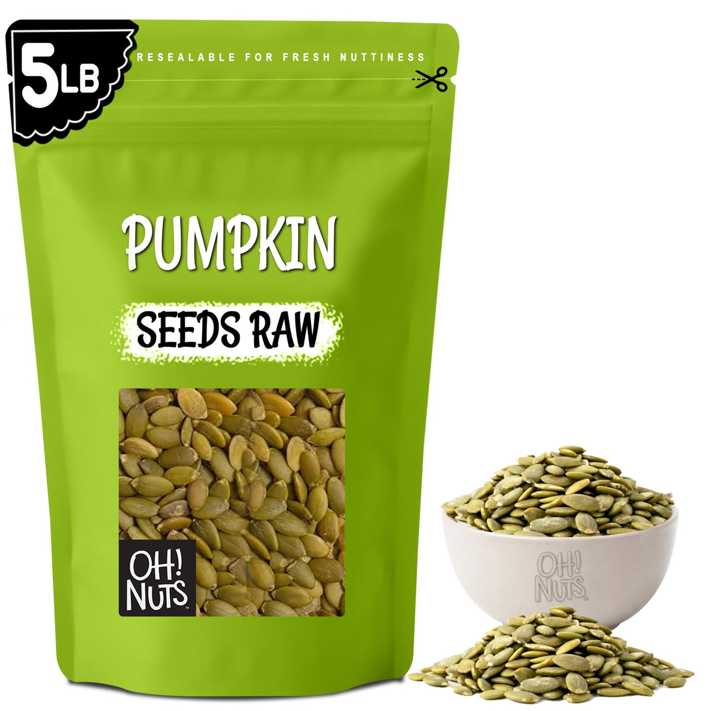 Oh! Nuts Pepitas Raw Unsalted Pumpkin Seeds - Resealable 5-Pound Bulk Bag - All-Natural Protein Power - Fresh, Healthy Snacks - Unshelled Pepitas