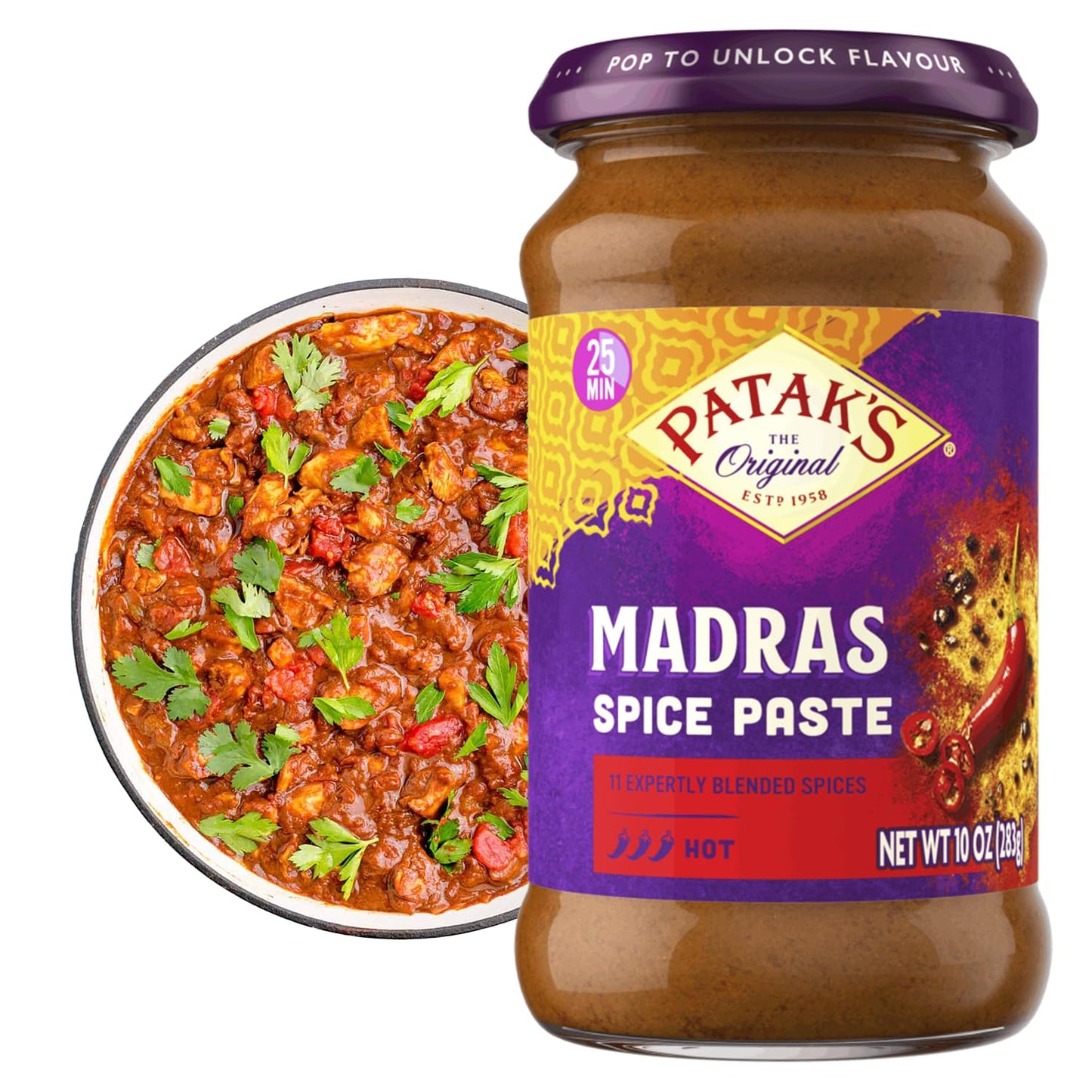 Patak's Madras Spice Paste, Hot Indian Curry with 11 Expertly Blended Spices, No Artificial Colors, Gluten-Free & Vegan, Bold Base for Home Cooking