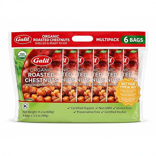 Galil Organic Roasted Chestnuts Pack of 6 Shelled & Ready to Eat Chestnuts - Gluten Free, Vegan, Organic, Non-GMO, Kosher Snacks - Great for Baking