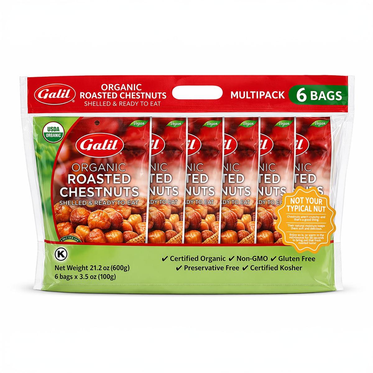 Galil Organic Roasted Chestnuts Pack of 6 Shelled & Ready to Eat Chestnuts - Gluten Free, Vegan, Organic, Non-GMO, Kosher Snacks - Great for Baking