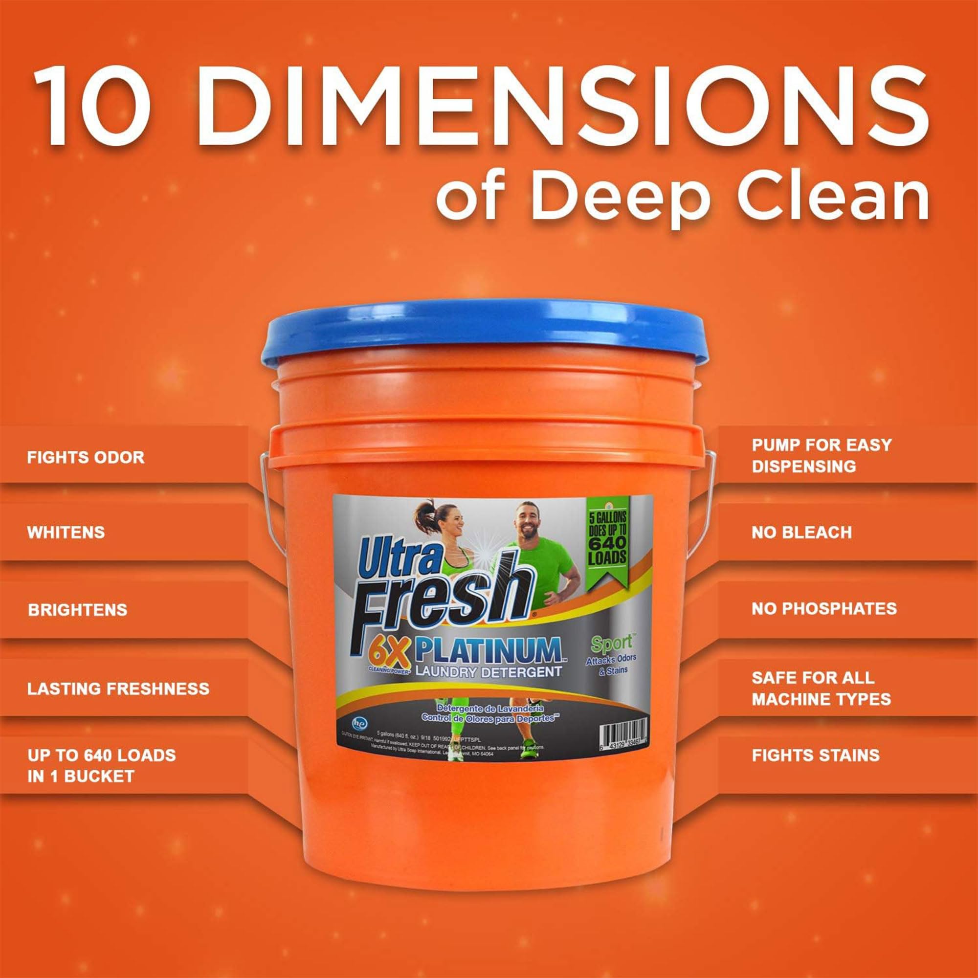 Ultra Fresh Platinum Sport 5 Gallon 6X Laundry Detergent Suitable for All Machine Type and Up to 640 Laundry Loads with Pump (2 Pack)
