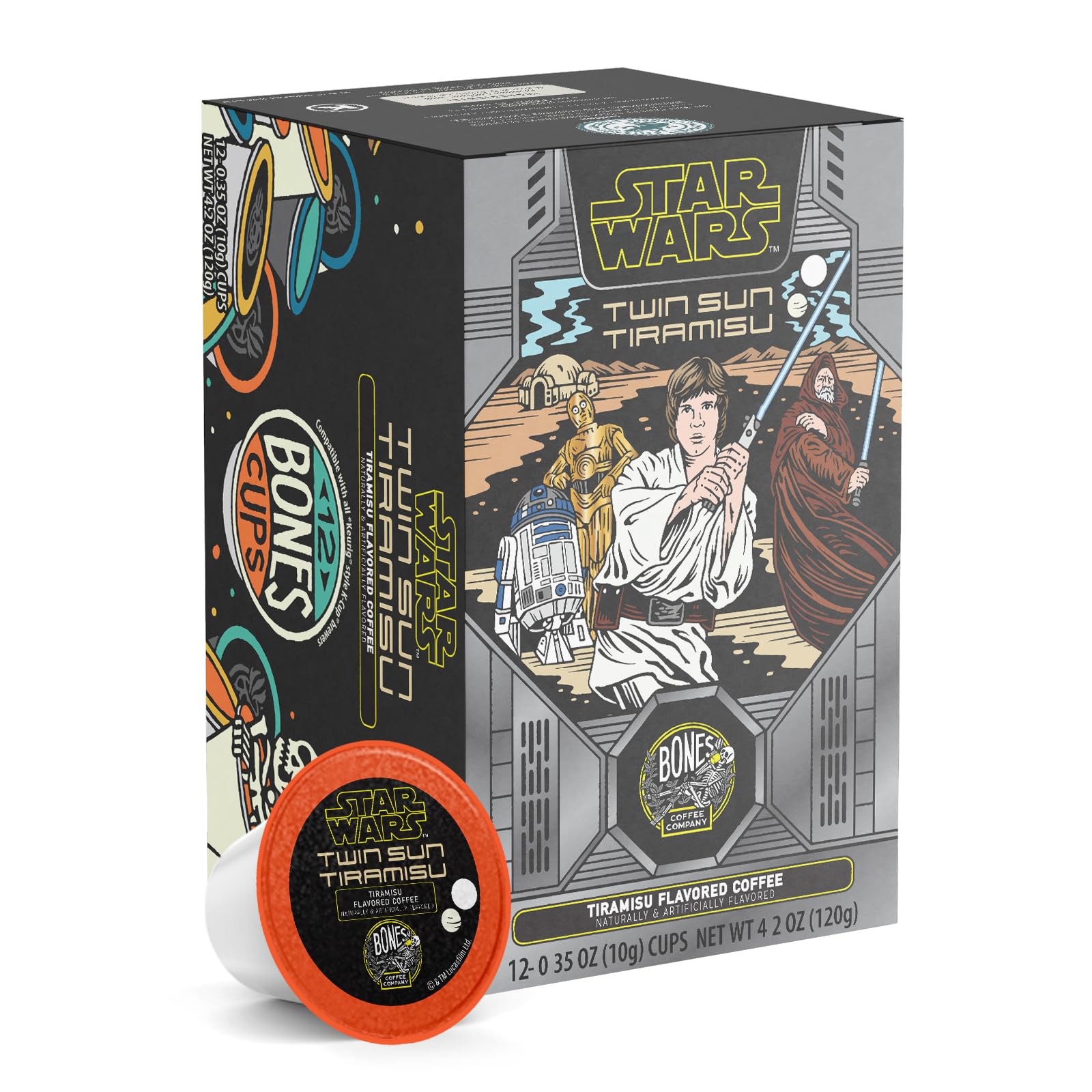 Bones Coffee Company Star Wars Twin Sun, Tiramisu Flavored Coffee Pods, Low Acid Medium Roast Single-Serve Bones Cups For 1.0 & 2.0 Capsule Brewers