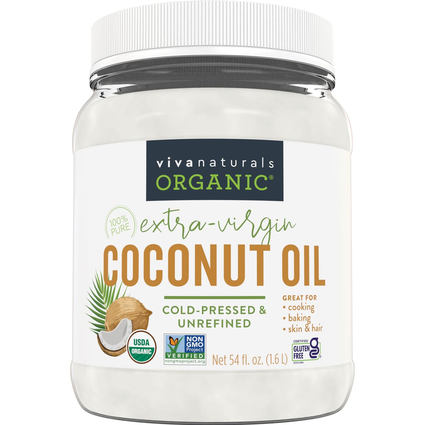 Viva Naturals Organic Coconut Oil, 54 fl oz - Unrefined, Cold-Pressed Extra Virgin Coconut Oil, USDA Organic & Non-GMO, Natural Cooking Oil, Hair Oil & Skin Oil