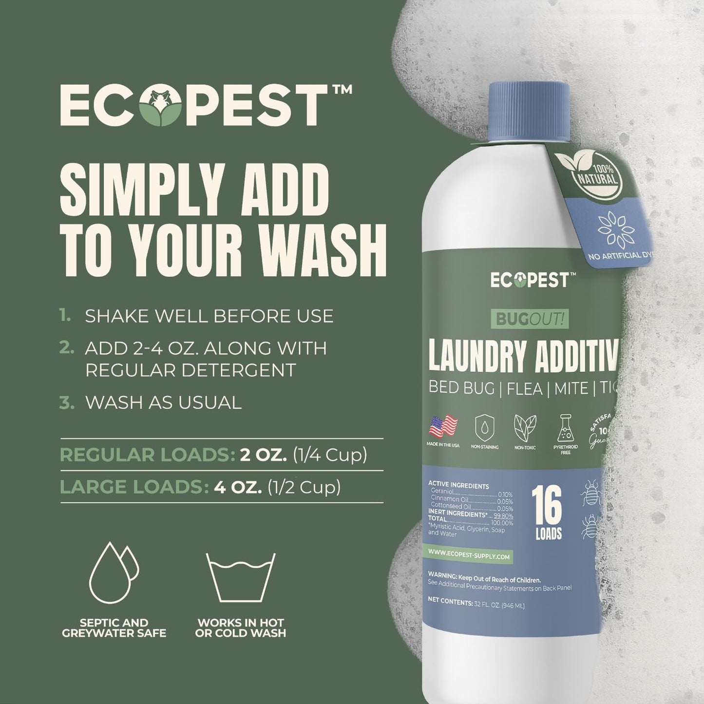 BugOut! Laundry Additive - Natural Detergent Booster for Bed Bug, Mite, Flea, Tick & Carpet Beetle Treatment | Plant-Based Killer, Made