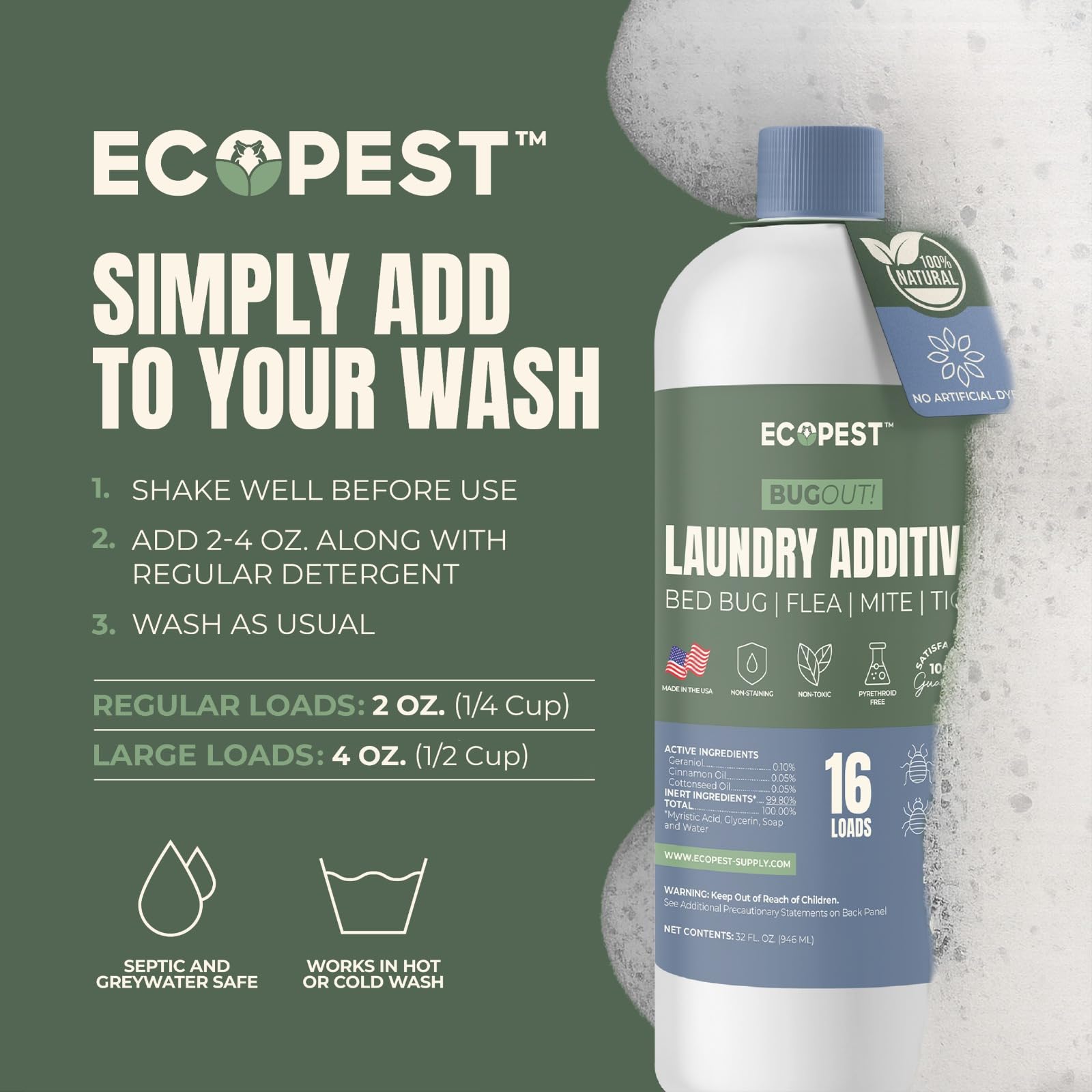 BugOut! Laundry Additive - Natural Detergent Booster for Bed Bug, Mite, Flea, Tick & Carpet Beetle Treatment | Plant-Based Killer, Made