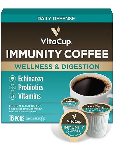 VitaCup Immunity Coffee Pods, Wellness Boost with Antioxidants, Echinacea, Probiotics, Vitamin C & D3, Medium Dark Roast, Single Serve Pod Compatible