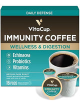 VitaCup Immunity Coffee Pods, Wellness Boost with Antioxidants, Echinacea, Probiotics, Vitamin C & D3, Medium Dark Roast, Single Serve Pod Compatible