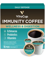 VitaCup Immunity Coffee Pods, Wellness Boost with Antioxidants, Echinacea, Probiotics, Vitamin C & D3, Medium Dark Roast, Single Serve Pod Compatible