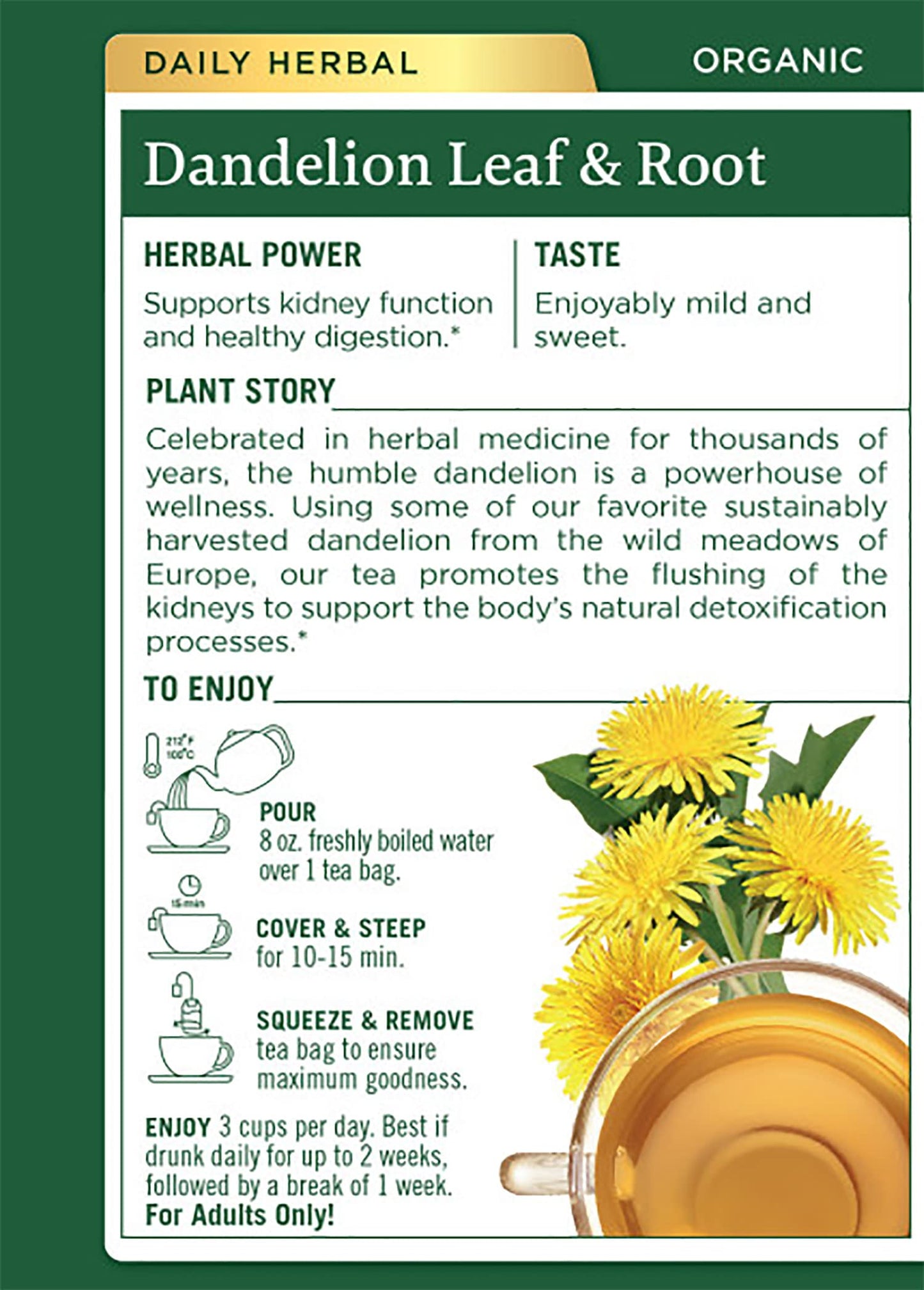 Traditional Medicinals Organic Dandelion Leaf & Root Herbal Tea, Supports Kidney Function & Healthy Digestion, (Pack of 2) - 32 Tea Bags Total