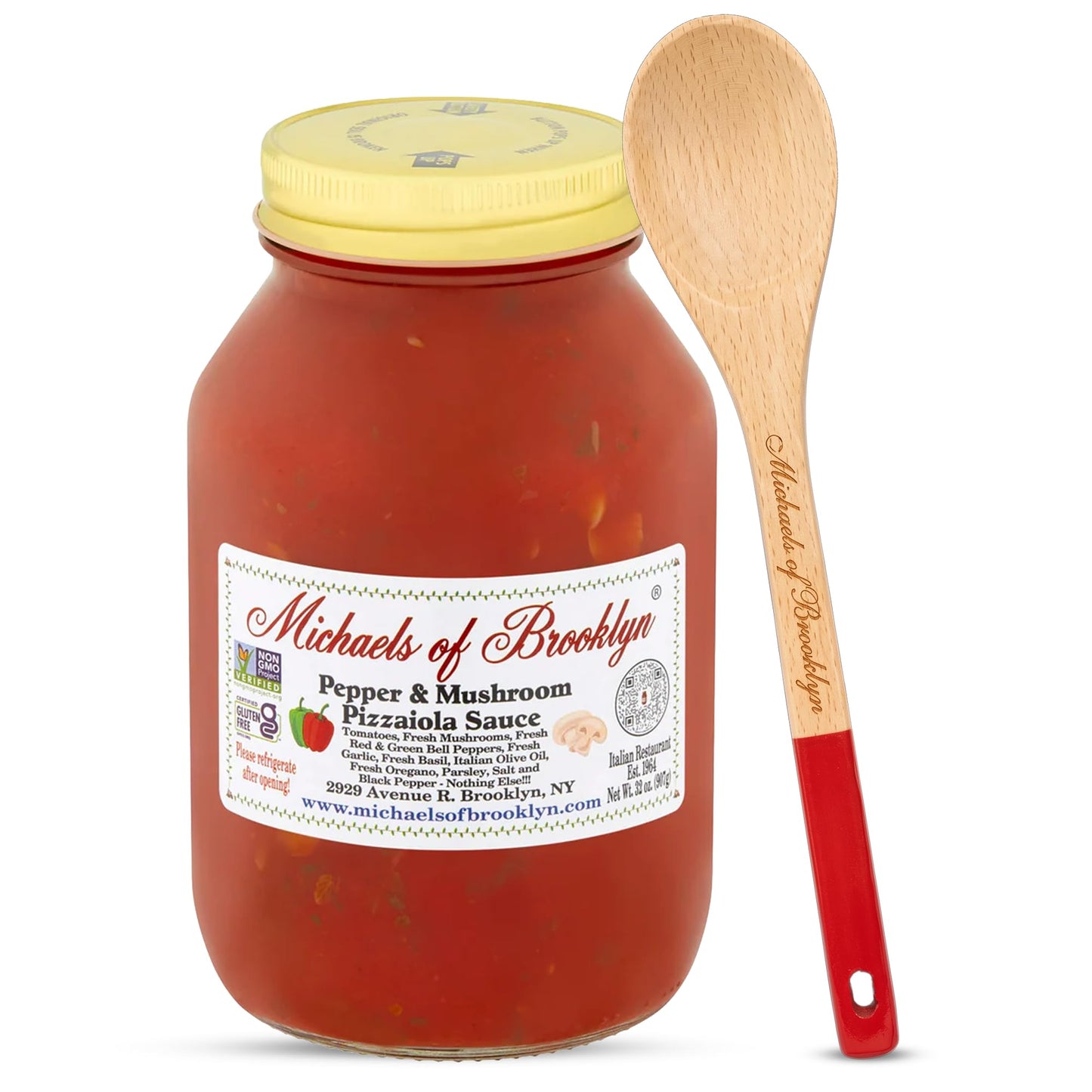 Michael's of Brooklyn Pepper & Mushroom Pizzaiola Sauce 32oz Jar with Spoon - Italian Mushroom Pasta Sauce with Basil & Bell Peppers - Gluten Free