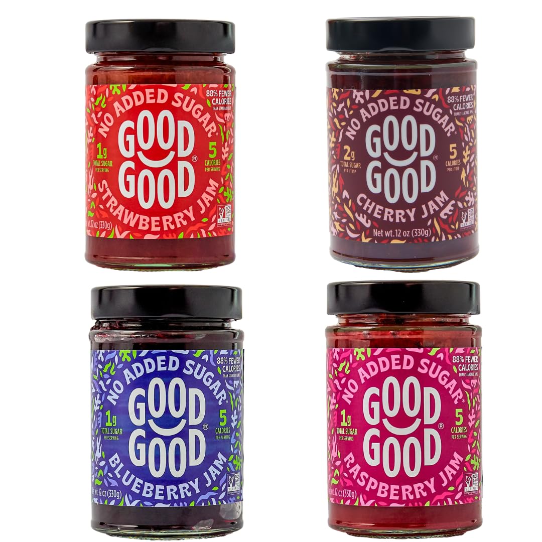 GOOD GOOD No Added Sugar Fruit Jam Variety Pack of 4 - Keto Friendly Jelly - Strawberry, Blueberry, Raspberry and Cherry Jam - Low Carb, Low-Calorie
