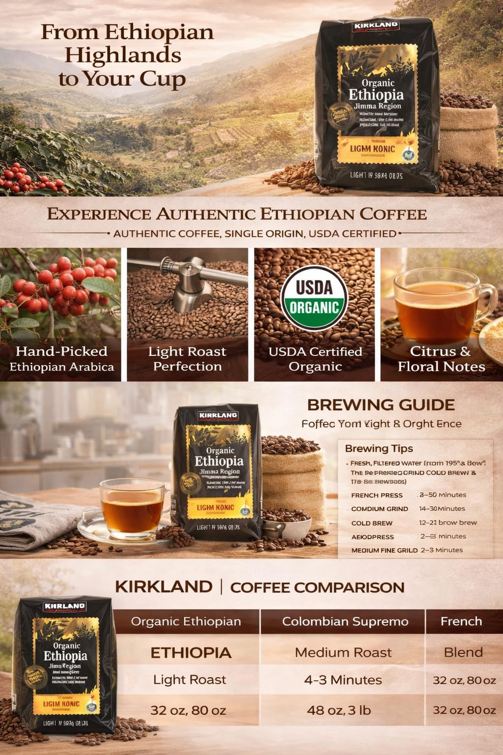 Kirkland Signature Organic Ethiopia Whole Bean Coffee, Light Roast (32 Ounce)