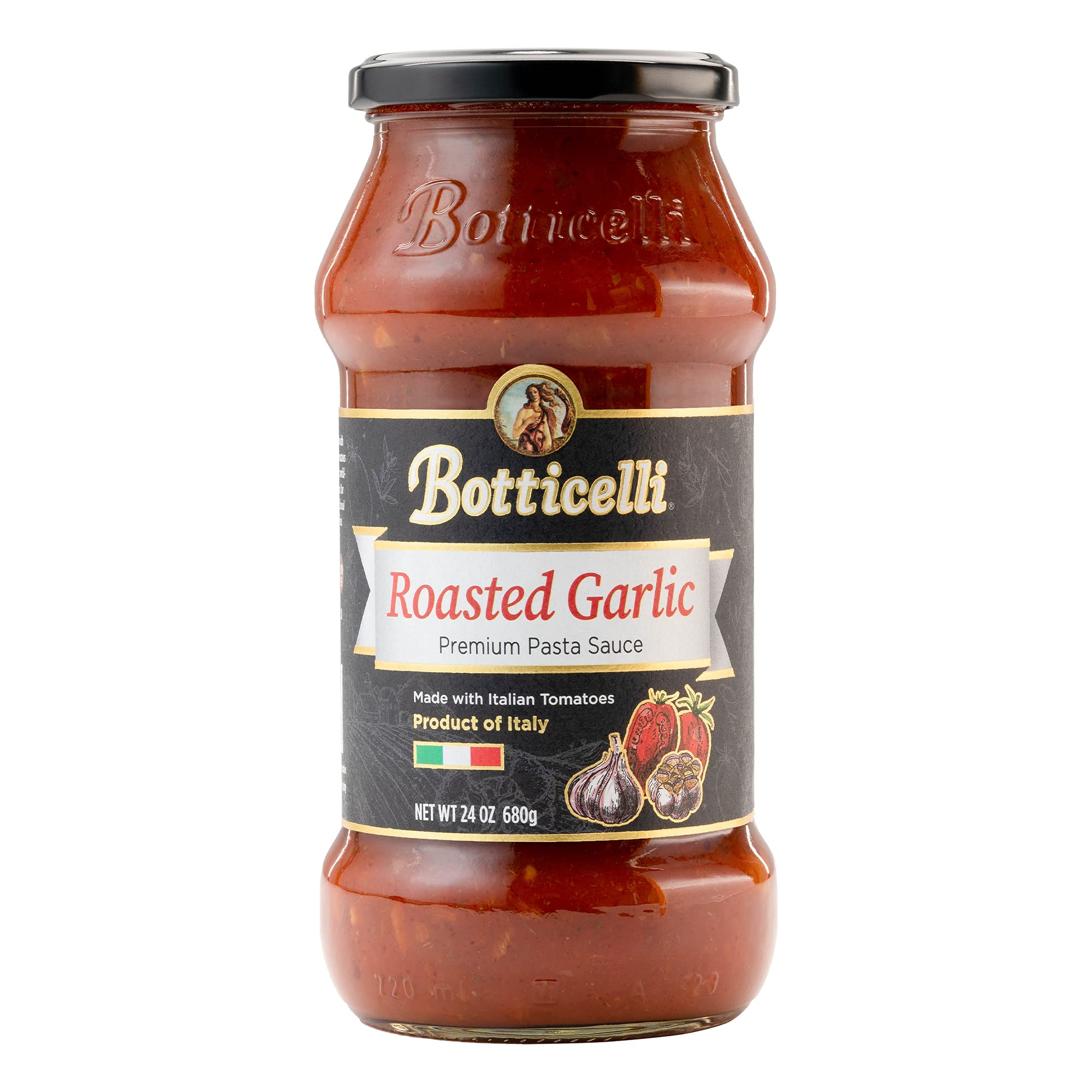 Roasted Garlic Premium Pasta Sauce by Botticelli, 24oz - No Added Sugar - Whole30 Approved - Keto Friendly - Gluten Free - Product of Italy