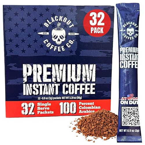 Blackout Coffee Colombian Arabica Instant Coffee - Medium Roast, Strong Aromatic, Single Serve Packets - Premium Quality 32 Count.