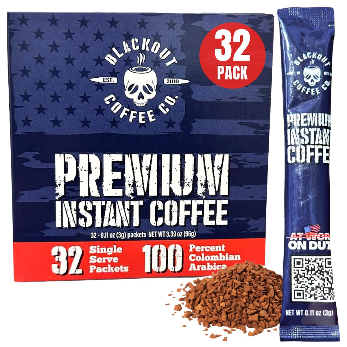 Blackout Coffee Colombian Arabica Instant Coffee - Medium Roast, Strong Aromatic, Single Serve Packets - Premium Quality 32 Count.