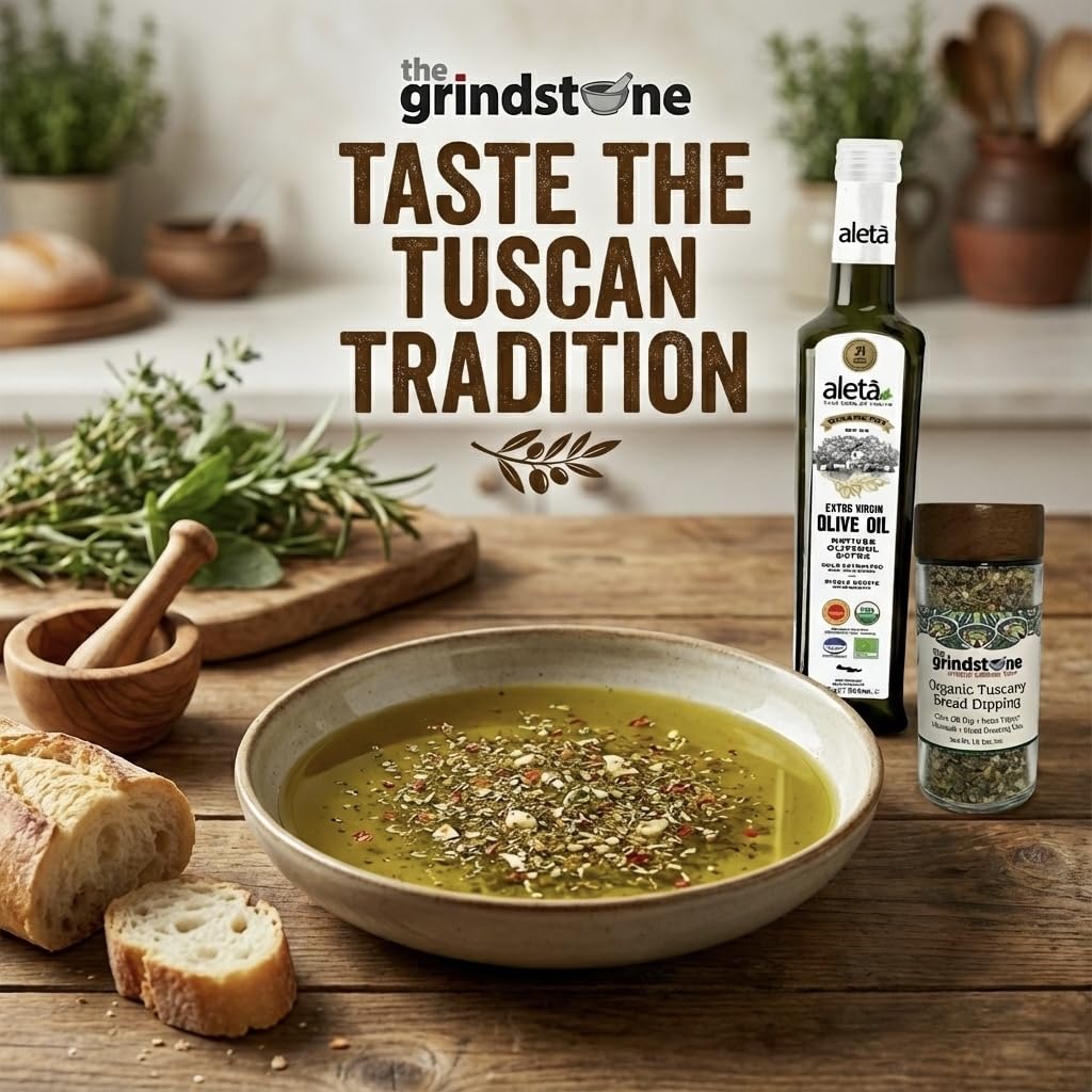 The Grindstone, Organic Tuscany bread dipping mix, perfect seasoning spice with extra virgin olive oil, bread, pasta topper, 2 oz. glass bottle